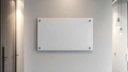 Name plate design mockup handing on door, 3d render. Door sign mock up template on entry in cabinet. Office hall interior with nameplate on door