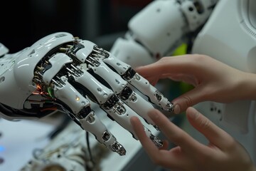 Robotic hand interacts with human hand during technology demonstration at local tech expo