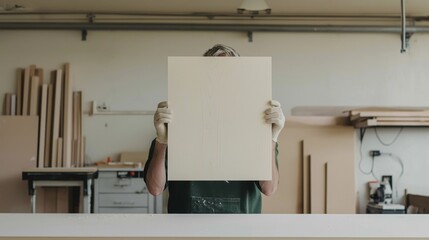 Skilled artisan displaying handcrafted wood panel in workshop for creative design
