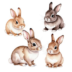Fototapeta premium A group of cute, cartoon-style rabbits with varying colors and expressions, showcasing their fluffy fur and playful demeanor.