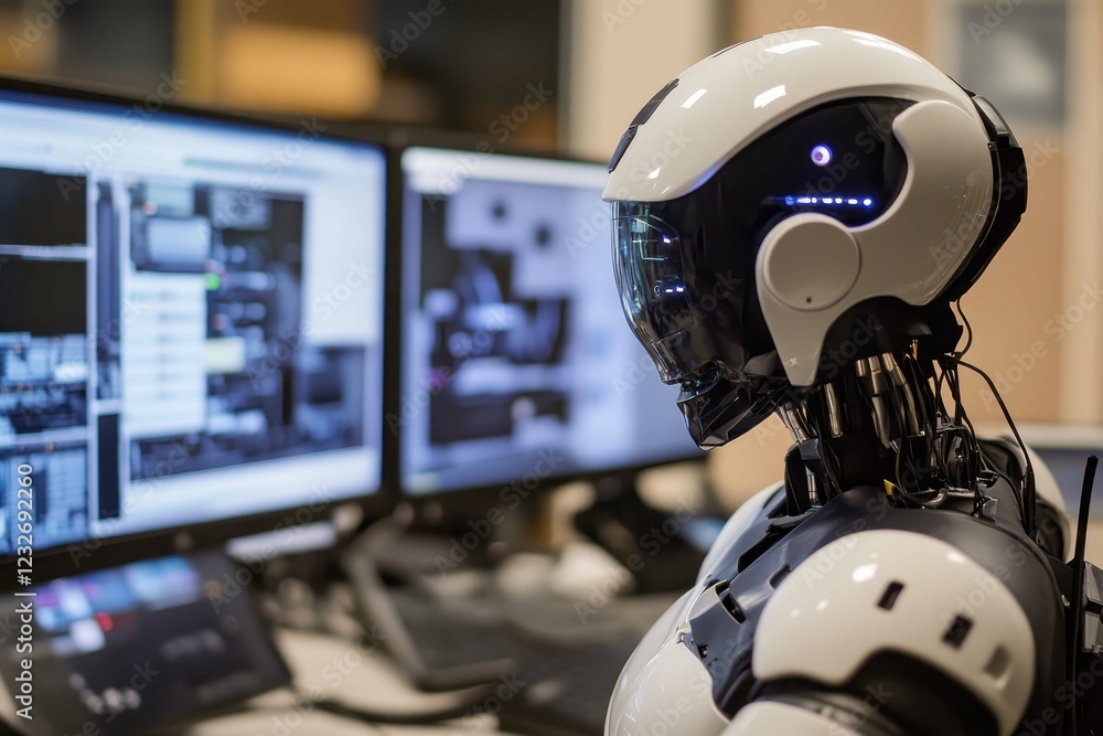 Poster advanced humanoid robot interacts with multiple screens in a high-tech environment during a project 