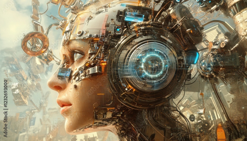 Poster technology graphics feature humans interacting with devices.