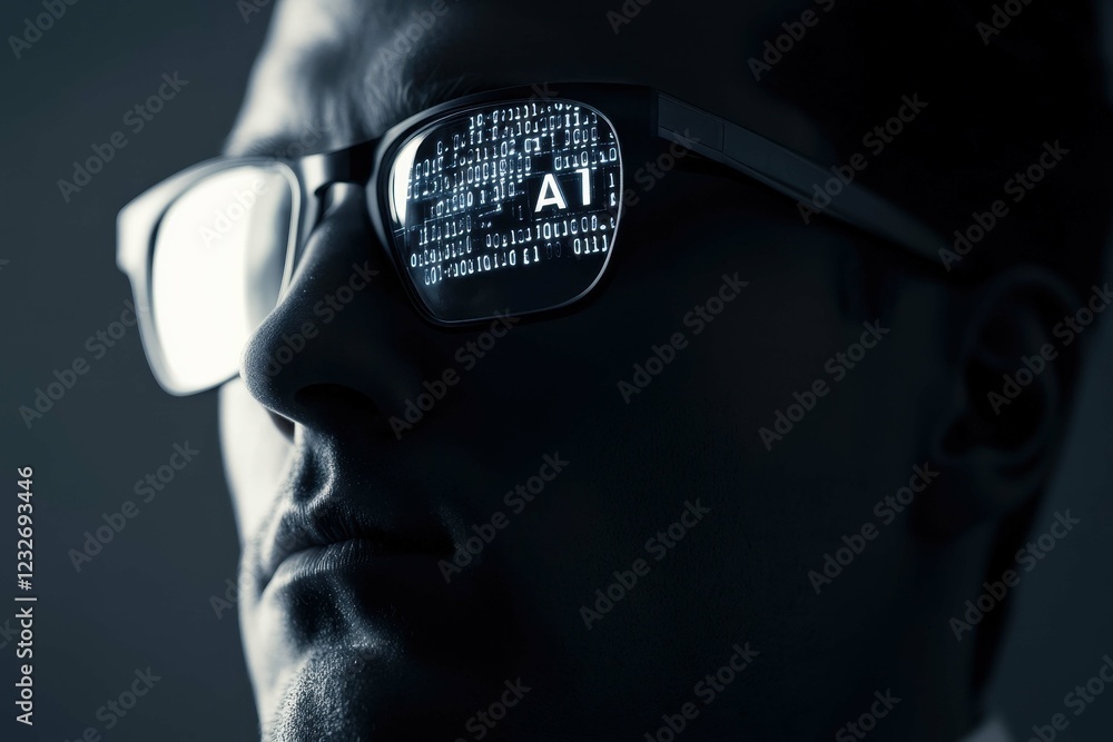 Poster man wearing glasses reflecting digital code related to artificial intelligence in a dark setting