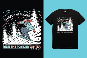 Monochrome illustrations of snowboarders and skiers enjoying winter holidays in a mountain ski resort, perfect for t shirt designs or any winter sports promotion.