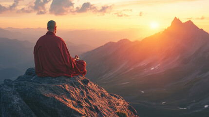Obraz premium monk in a red robe meditating atop a mountain at sunrise, overlooking a breathtaking landscape bathed in golden light, symbolizing peace, spirituality, and mindfulness