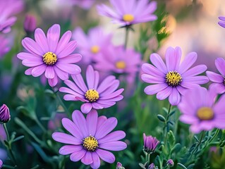 Obraz premium Close-up view of vibrant purple daisies with yellow centers in a natural setting