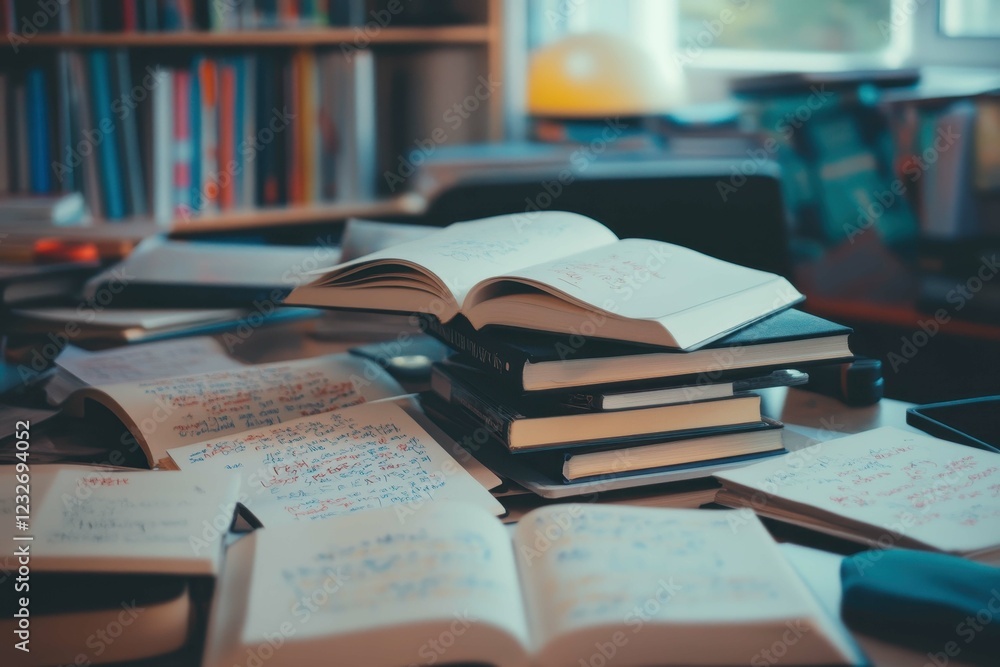 Poster study session in a cozy library with open books and handwritten notes scattered on a wooden table