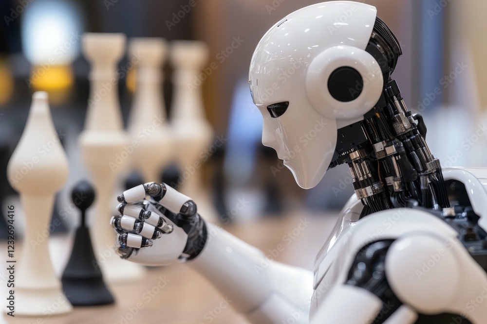 Poster robotic chess player contemplating its next move in a modern tournament setting