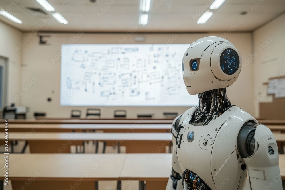 Poster robot stands in an empty classroom with digital display and seating arrangement during a training se