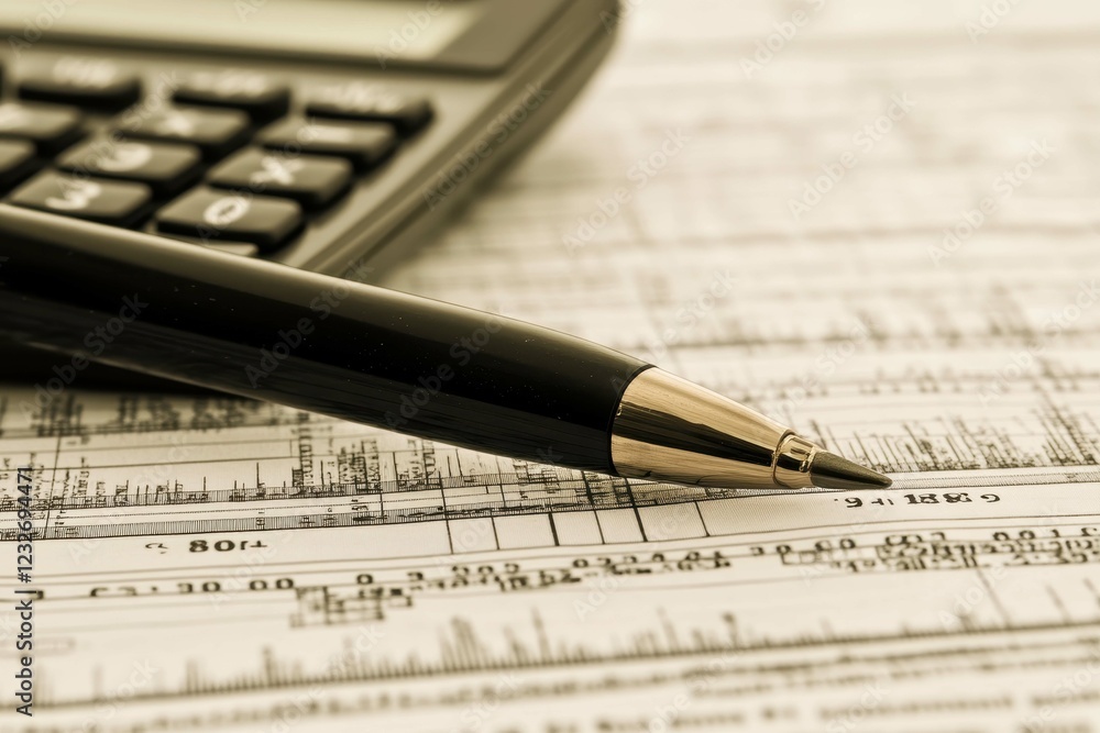 Poster analysis of financial documents with a calculator and pen in a professional setting