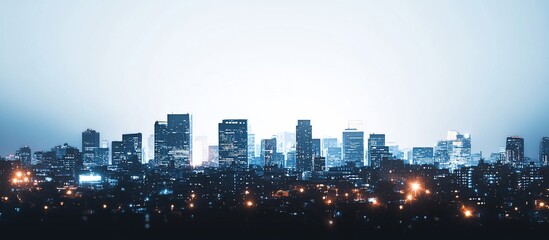 Night city skyline panorama, urban sprawl, twilight glow, website banner