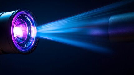Lens projecting vibrant beam, dark studio, cinematic light, presentation