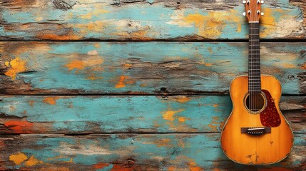 Acoustic guitar leans on rustic wood background