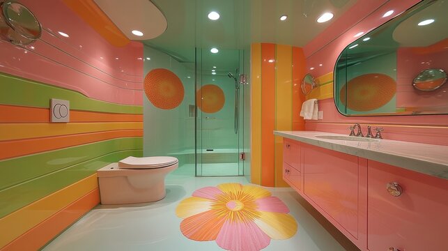 Vibrant retro bathroom with colorful walls, flower rug, and modern toilet.