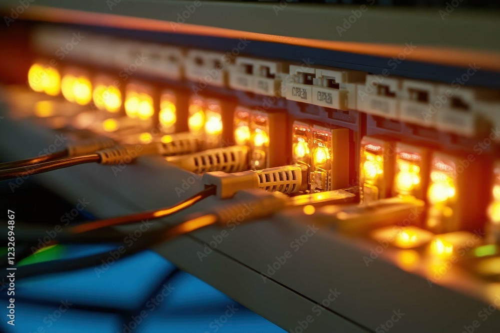 Poster network switch showing active connections with glowing lights in a data center during nighttime hour