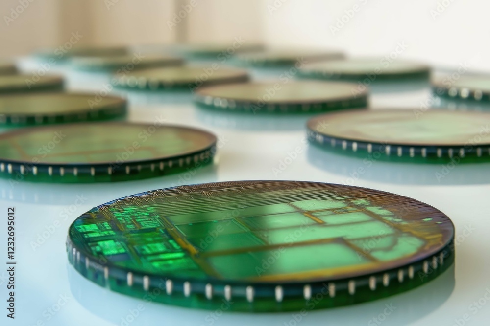 Aufkleber silicon wafers arranged in a laboratory setting demonstrating advanced semiconductor technology and 