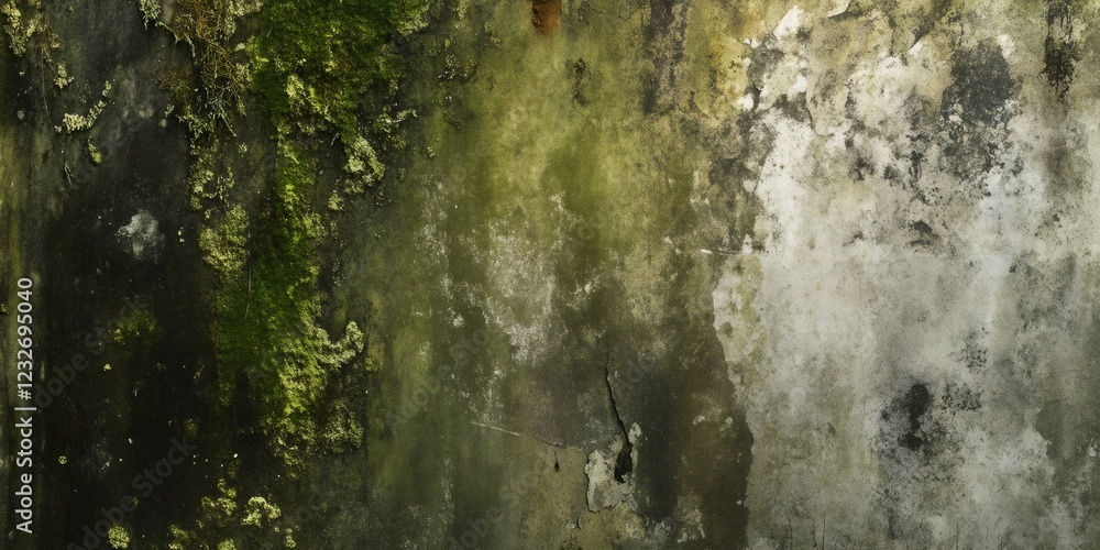 Poster grunge wall texture showing moss and mold growing on decaying plaster, creating an abstract pattern 