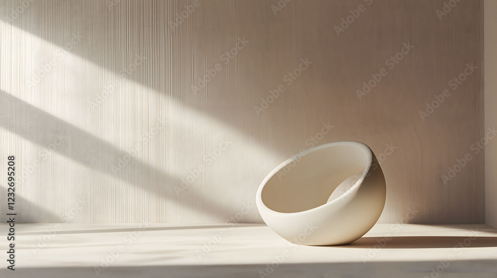 Poster minimalist clay sculpture positioned on a simple surface with natural light casting soft shadows. ge