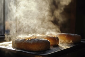 Freshly baked bread rolls steaming on a tray in a cozy kitchen with warm sunlight pouring in