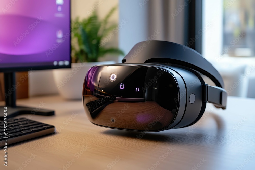Aufkleber new virtual reality headset placed on a desk next to a computer in a modern workspace