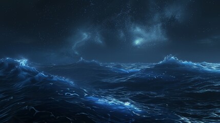 Fototapeta premium Enchanting Bioluminescent Plankton Lighting Up the Night Ocean Waters with Soft Blue Glow, Creating a Magical Scene