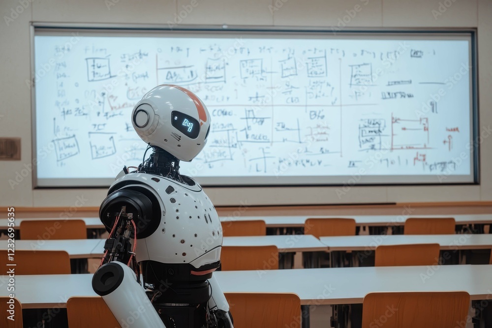Poster robot teacher interacts in a modern classroom setting with a whiteboard filled with notes and diagra