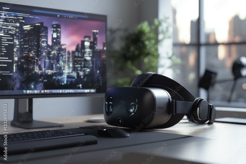 Aufkleber virtual reality headset on a desk with a city skyline and computer setup during twilight hours
