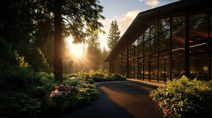 Fototapeta premium Serene Modern Architecture Surrounded by Lush Green Forest Landscape