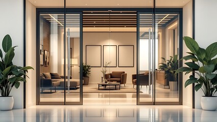 Glass door with metal handles mock up, 3d rendering. Office entrance with space sign board on wall mockup