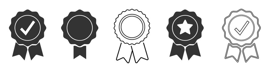 Approved or certified medal icon. Certified badge. Approval check symbol collection