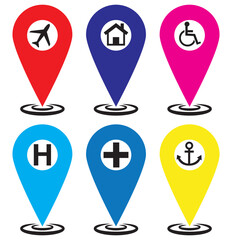 Location map pin icons set. Modern map marker collection. Pinpoint. Location pin icon. Map pin place marker. Map marker pointer icon. GPS location symbol. Flat style vector. destination, Place 
