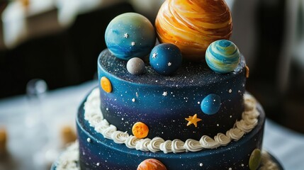 Three-tiered galaxy space cake decorated with planets.