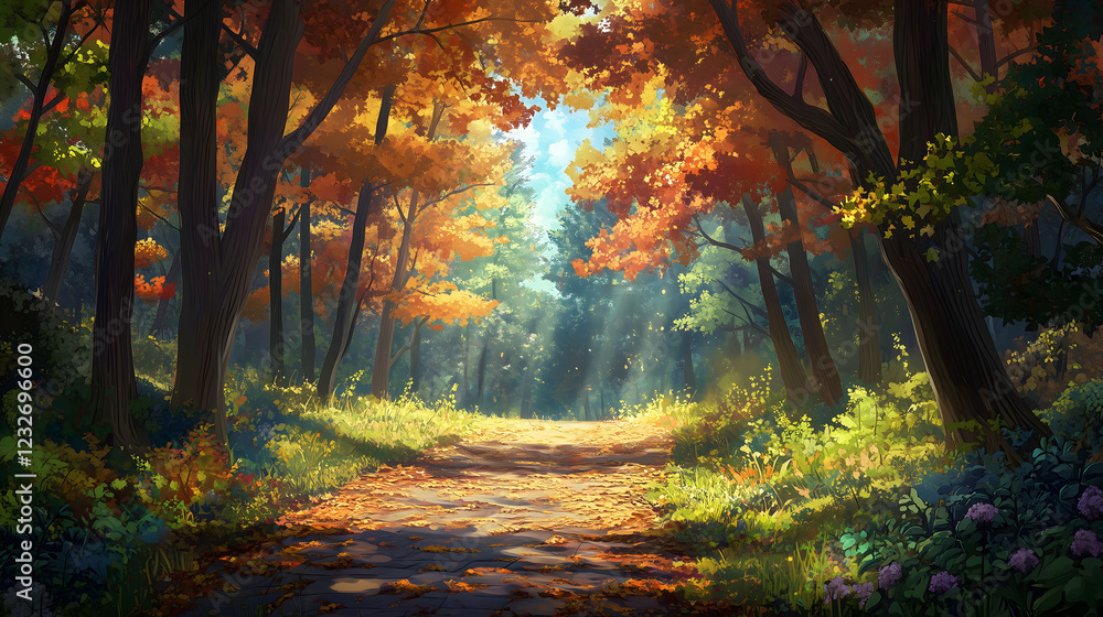 Poster serene forest path leading through vibrant autumn foliage with soft sunlight filtering through leave