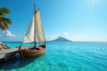 Naklejka premium Classic sailboat tied to weathered dock, crystal-clear blue water , ocean, wooden