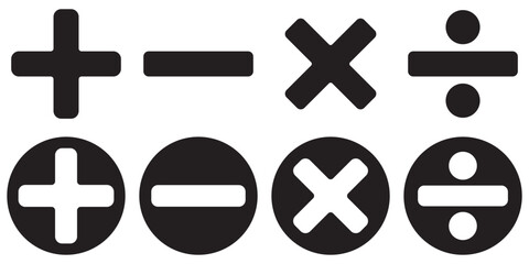 Obraz premium basic mathematics symbols collection plus minus equal divide multiply icon set. Basic mathematical symbol. Plus and minus icon set. Math symbol. Multiply icon. Equals symbol, division symbol, 