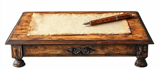 Fototapeta premium Antique writing desk, parchment paper, fountain pen, white background; stationery