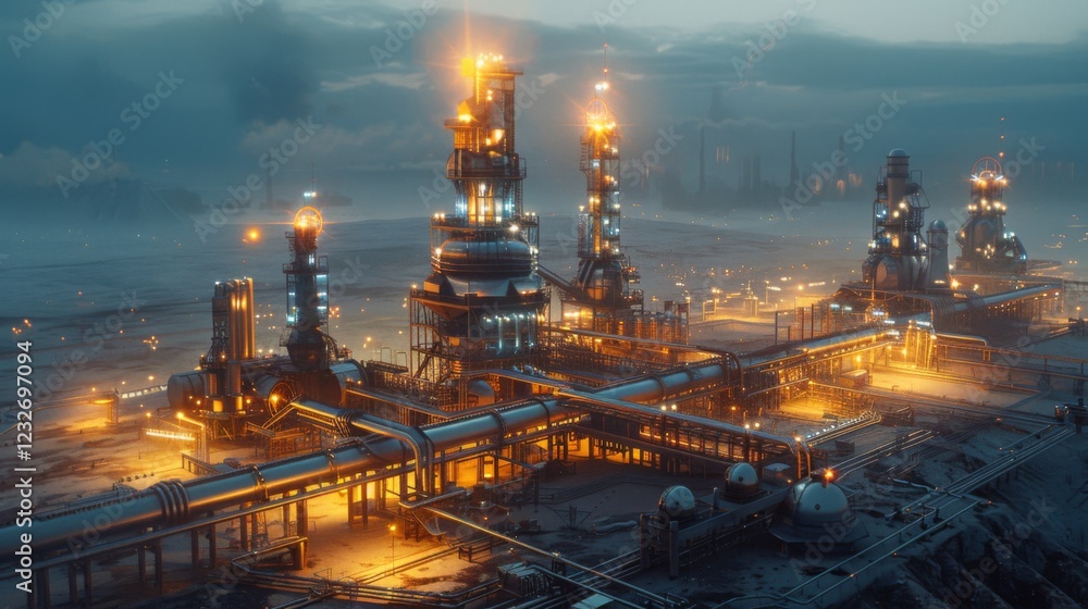 Poster an industrial facility stands out against the twilight sky, featuring tall towers and a maze of pipe