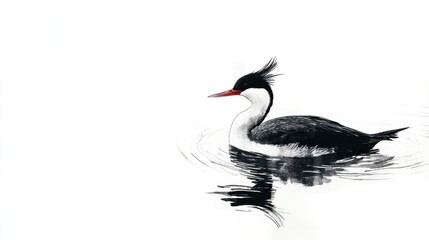 Fototapeta premium Great crested grebe swims lake, water reflection, nature wildlife
