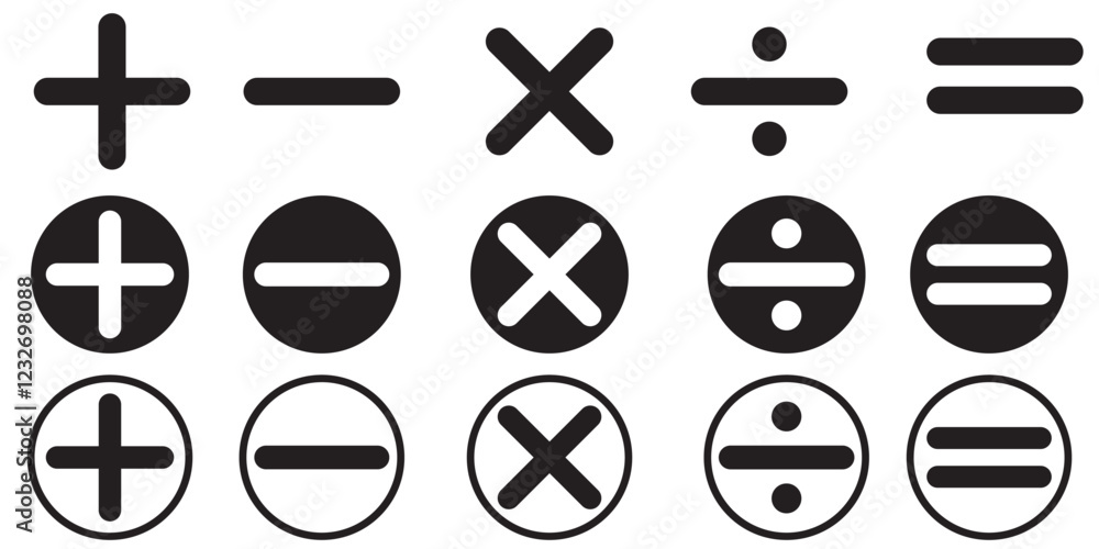 Poster math symbols icon set. basic mathematical symbol. plus and minus icon set. multiply icon. equals sym