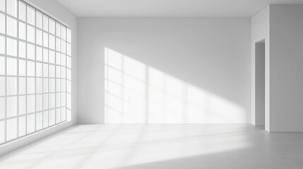Sunlight streams into empty white room, showcasing minimalist interior design for real estate