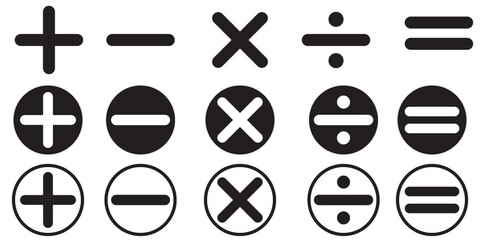 Math symbols icon set. Basic mathematical symbol. Plus and minus icon set. Multiply icon. Equals symbol, division symbol, Calculator button, business finance concept in vector,basic mathematics symbol