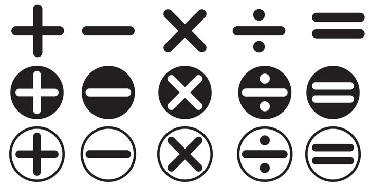 Math symbols icon set. Basic mathematical symbol. Plus and minus icon set. Multiply icon. Equals symbol, division symbol, Calculator button, business finance concept in vector,basic mathematics symbol