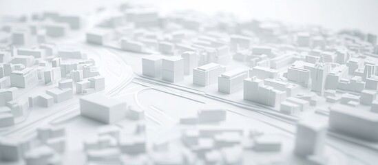White city model aerial view, roads, background blur, urban planning