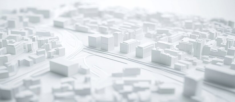 White city model aerial view, roads, background blur, urban planning