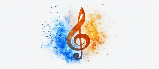 Fiery treble clef amidst blue & orange splash, white background, music promo