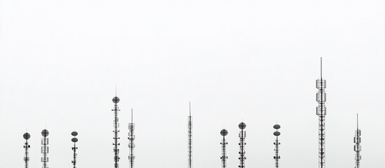 Foggy field, antennas, communication towers, minimalist landscape, website banner