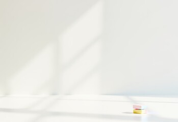 Minimalist geometric object in soft pastel tones, casting a shadow against a bright white background, creating a modern and abstract aesthetic