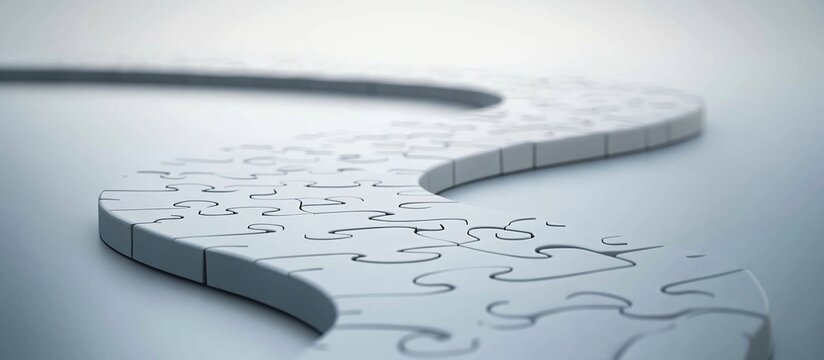 White jigsaw puzzle path curves on a light grey background, concept image