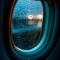 Close-up of airplane window with condensation, cool tones, atmospheric lighting 