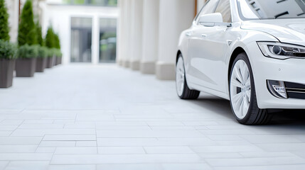 White electric car parked outdoors, luxury hotel background, travel ad